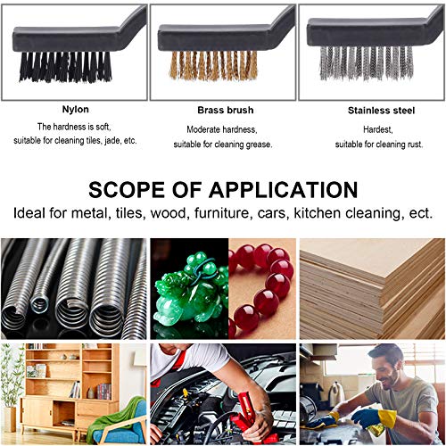 Juego de 12 cepillos de alambre de acero inoxidable de latón de nailon, mini mango curvado, herramientas de limpieza para limpieza de óxido, pintura y escoria de soldadura, 4 piezas por tipo