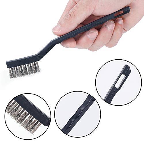 Juego de 12 cepillos de alambre de acero inoxidable de latón de nailon, mini mango curvado, herramientas de limpieza para limpieza de óxido, pintura y escoria de soldadura, 4 piezas por tipo