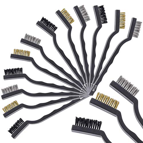 Juego de 12 cepillos de alambre de acero inoxidable de latón de nailon, mini mango curvado, herramientas de limpieza para limpieza de óxido, pintura y escoria de soldadura, 4 piezas por tipo