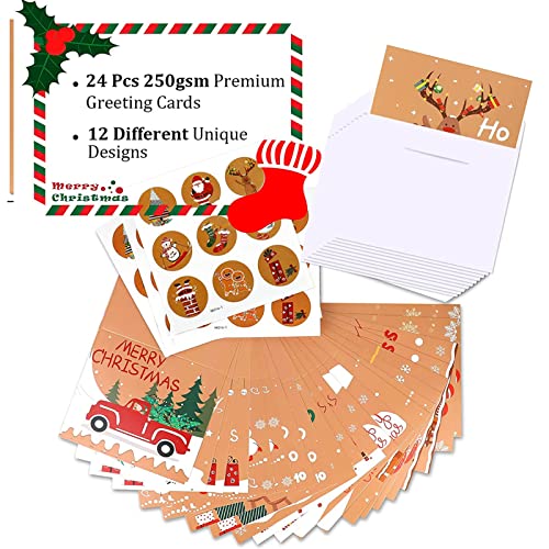 Juego de 24 tarjetas de Navidad con sobres y pegatinas, postales de Navidad, tarjetas postales de Navidad
