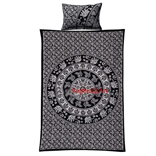 Juego de 4 pc Doona Ropa de Cama Boho Indio Funda de edredón Reversible doona, Tapiz con 1 pc Bedsheet Elefante Mandala Colgar en la Pared Playa Manta & Fundas de Almohada de Hippie (Blanco y Negro)