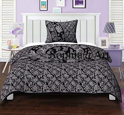Juego de 4 pc Doona Ropa de Cama Boho Indio Funda de edredón Reversible doona, Tapiz con 1 pc Bedsheet Elefante Mandala Colgar en la Pared Playa Manta & Fundas de Almohada de Hippie (Blanco y Negro)