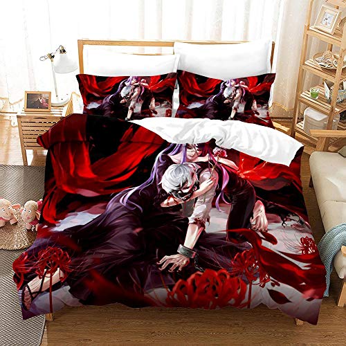 Juego De Cama con Funda De Edredón, Impresión 3D Juegos De Cama Tokyo Ghoul Dibujos Animados Impresos 3 Piezas (Sin Hojas) Funda De Edredón Y Funda De Almohada