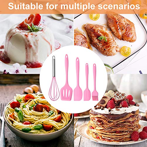 Juego de espátulas de silicona – Juego de 5 espátulas de goma antiadherentes con núcleo de acero inoxidable – Juego de utensilios de cocina resistente al calor para cocinar, hornear y mezclar (rosa)