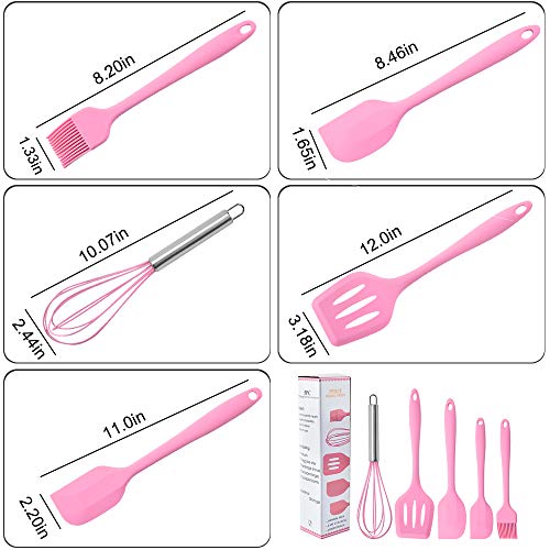 Juego de espátulas de silicona – Juego de 5 espátulas de goma antiadherentes con núcleo de acero inoxidable – Juego de utensilios de cocina resistente al calor para cocinar, hornear y mezclar (rosa)