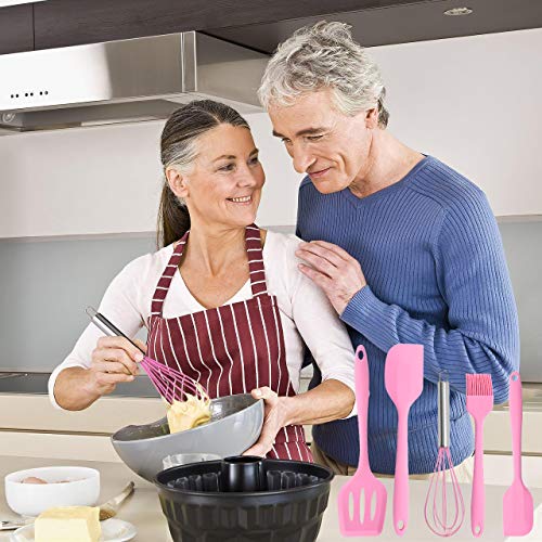 Juego de espátulas de silicona – Juego de 5 espátulas de goma antiadherentes con núcleo de acero inoxidable – Juego de utensilios de cocina resistente al calor para cocinar, hornear y mezclar (rosa)