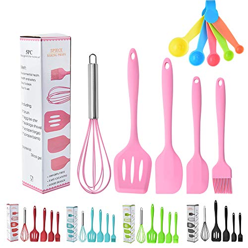 Juego de espátulas de silicona – Juego de 5 espátulas de goma antiadherentes con núcleo de acero inoxidable – Juego de utensilios de cocina resistente al calor para cocinar, hornear y mezclar (rosa)