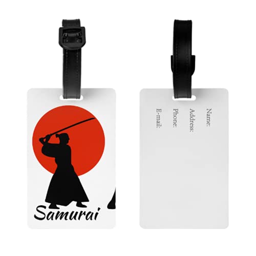 Juego de etiquetas de equipaje de 2, 3 Samurai Warriors japoneses silueta Katana tarjetas de identificación de equipaje con correa de muñeca desmontable y tarjeta de dirección para bolsa de viaje mal