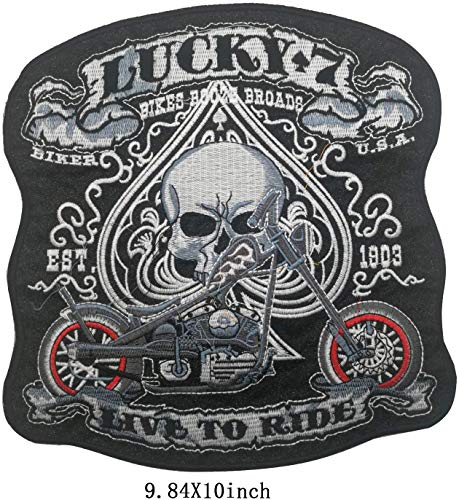 Juego de parches bordados grandes para motocicleta, personalizados, con diseño de calaveras Lucky 7 Bikes Live to Ride para ropa MC Chaleco, mochilas de 25 x 25 cm