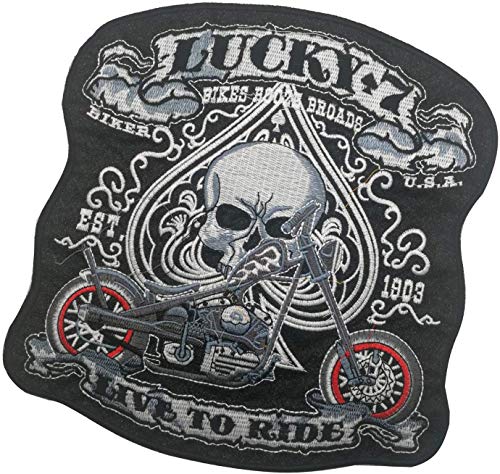 Juego de parches bordados grandes para motocicleta, personalizados, con diseño de calaveras Lucky 7 Bikes Live to Ride para ropa MC Chaleco, mochilas de 25 x 25 cm