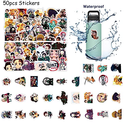 Juego de pegatinas de anime de Demon Slayer – 30 tarjetas postales, 50 pegatinas, 3 pines de botón, 2 llaveros de anime, 5 pulseras, 1 collar Kimetsu no Yaiba Stuff
