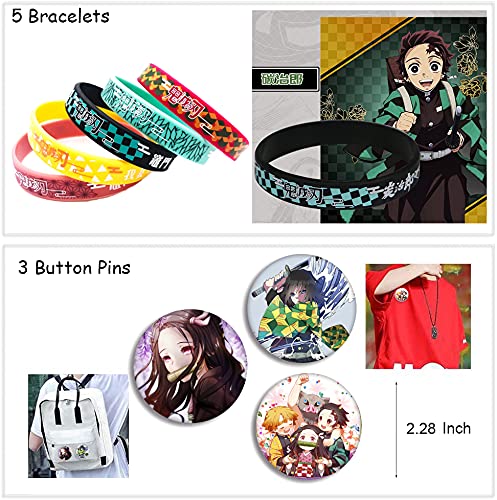Juego de pegatinas de anime de Demon Slayer – 30 tarjetas postales, 50 pegatinas, 3 pines de botón, 2 llaveros de anime, 5 pulseras, 1 collar Kimetsu no Yaiba Stuff