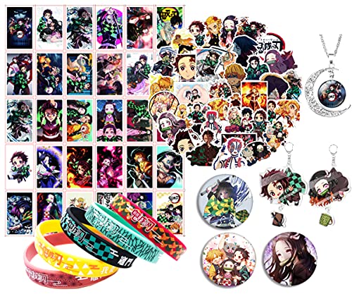 Juego de pegatinas de anime de Demon Slayer – 30 tarjetas postales, 50 pegatinas, 3 pines de botón, 2 llaveros de anime, 5 pulseras, 1 collar Kimetsu no Yaiba Stuff