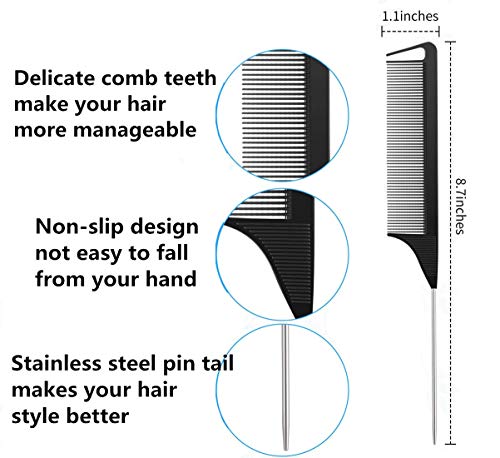 Juego de peines de cola de rata, paquete de 3 peines de peluquero, peine de peluquería, peine de dientes anchos y finos, peine de metal con 6 pinzas de rizo de cocodrilo de metal para mujeres y niñas