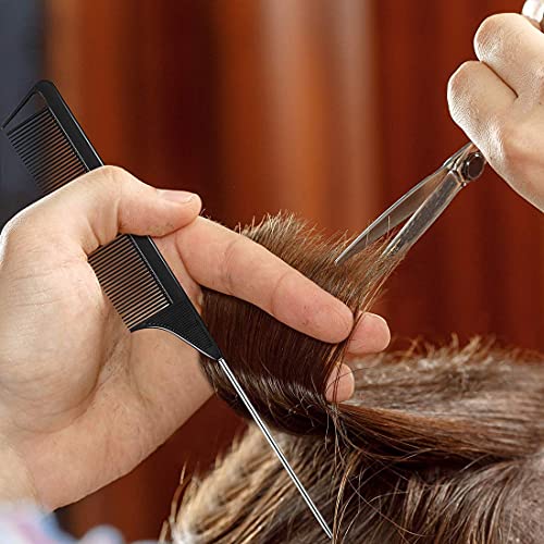 Juego de peines de cola de rata, paquete de 3 peines de peluquero, peine de peluquería, peine de dientes anchos y finos, peine de metal con 6 pinzas de rizo de cocodrilo de metal para mujeres y niñas