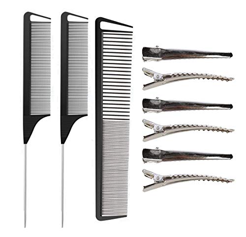 Juego de peines de cola de rata, paquete de 3 peines de peluquero, peine de peluquería, peine de dientes anchos y finos, peine de metal con 6 pinzas de rizo de cocodrilo de metal para mujeres y niñas