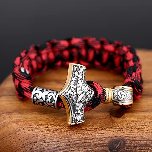 Juego de Pulsera con Colgante de Martillo de Thor de Acero Inoxidable Vikingo para Hombre, Llavero con Cabeza de Lobo Celta NóRdico, JoyeríA Trenzada de Cuerda de Seguridad Roja Unisex,Oro,21CM