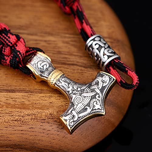 Juego de Pulsera con Colgante de Martillo de Thor de Acero Inoxidable Vikingo para Hombre, Llavero con Cabeza de Lobo Celta NóRdico, JoyeríA Trenzada de Cuerda de Seguridad Roja Unisex,Oro,21CM