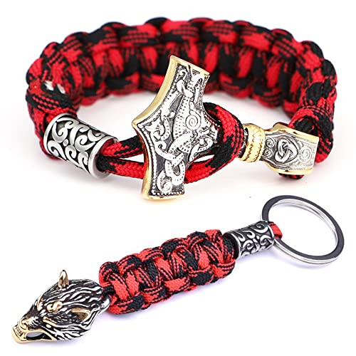 Juego de Pulsera con Colgante de Martillo de Thor de Acero Inoxidable Vikingo para Hombre, Llavero con Cabeza de Lobo Celta NóRdico, JoyeríA Trenzada de Cuerda de Seguridad Roja Unisex,Oro,21CM