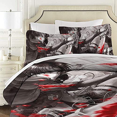 Juego de ropa de cama Attack on Titan de microfibra, color negro, 3 piezas, Shingeki No Kyojin, Levi Ackermann Eren Jäger (AOT2, individual 155 x 220)