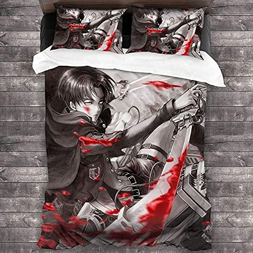 Juego de ropa de cama Attack on Titan de microfibra, color negro, 3 piezas, Shingeki No Kyojin, Levi Ackermann Eren Jäger (AOT2, individual 155 x 220)