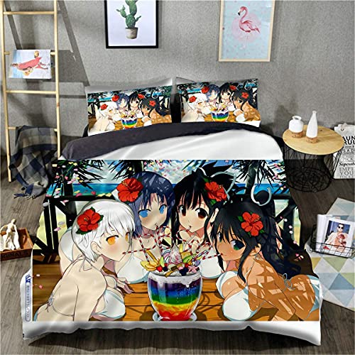 Juego de Ropa de Cama con 3D Juego de Ropa de Cama Piezas-Libro de Ilustraciones Senran Kagura Peach Beach Splash- Juego de 3 Piezas, 1 Funda nórdica + 2 Fundas de Almohada a Juego