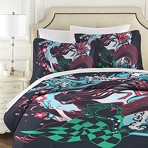 Juego de ropa de cama infantil de Demon Slayer, Shinobu Kamado Nezuko Tomioka Giyuu Tanjirou, ropa de cama decorativa de microfibra (Tanjirou2, 140 x 210 cm + 50 x 75 cm x 2)