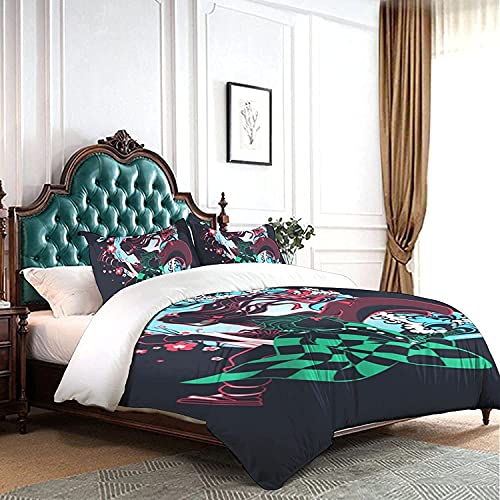 Juego de ropa de cama infantil de Demon Slayer, Shinobu Kamado Nezuko Tomioka Giyuu Tanjirou, ropa de cama decorativa de microfibra (Tanjirou2, 140 x 210 cm + 50 x 75 cm x 2)