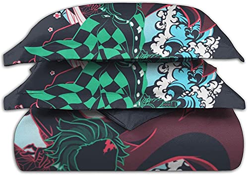 Juego de ropa de cama infantil de Demon Slayer, Shinobu Kamado Nezuko Tomioka Giyuu Tanjirou, ropa de cama decorativa de microfibra (Tanjirou2, 140 x 210 cm + 50 x 75 cm x 2)