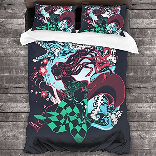 Juego de ropa de cama infantil de Demon Slayer, Shinobu Kamado Nezuko Tomioka Giyuu Tanjirou, ropa de cama decorativa de microfibra (Tanjirou2, 140 x 210 cm + 50 x 75 cm x 2)