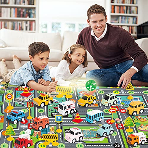 Juguetes de coche 12 juegos de coche de construcción con alfombrilla de juego de la ciudad, letreros de carretera, regalos de juguete para niños, niñas y niños