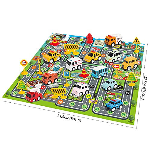 Juguetes de coche 12 juegos de coche de construcción con alfombrilla de juego de la ciudad, letreros de carretera, regalos de juguete para niños, niñas y niños