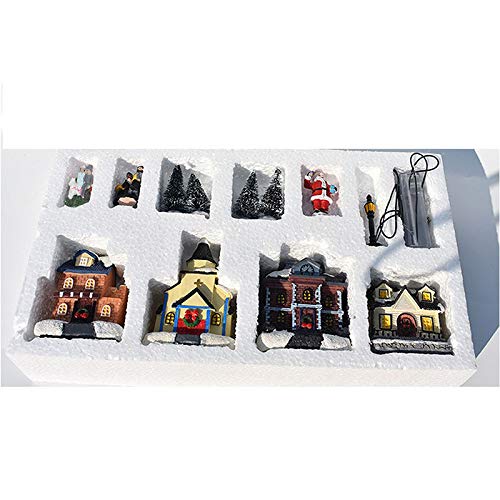 JuneLT Winter Christmas Village Christmas Town, LED Christmas Village House, Decoración de Christmas Village, Regalos de Resina de Colores para niños y niñas, Juego de 10 Piezas