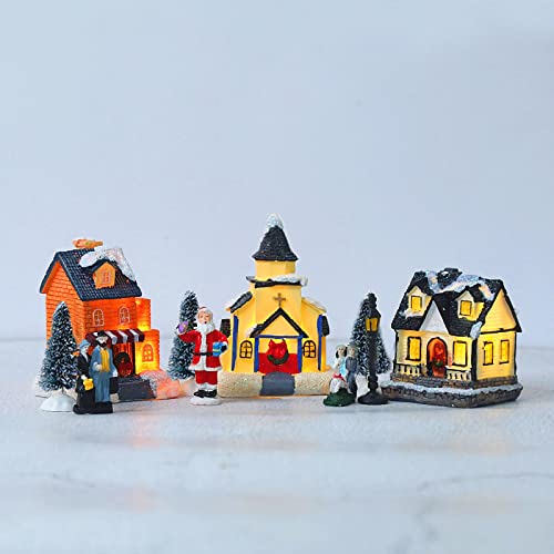 JuneLT Winter Christmas Village Christmas Town, LED Christmas Village House, Decoración de Christmas Village, Regalos de Resina de Colores para niños y niñas, Juego de 10 Piezas