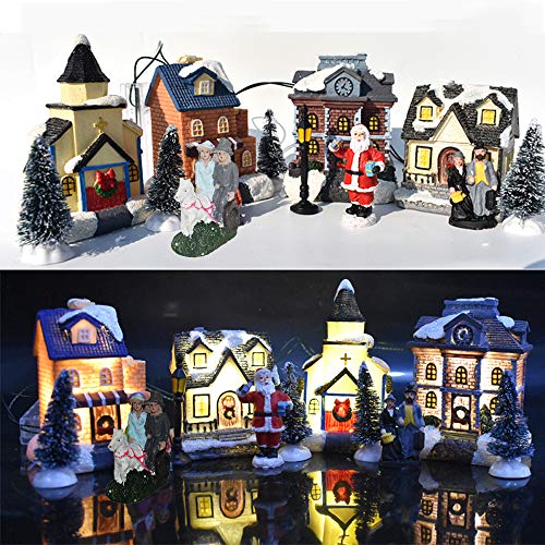 JuneLT Winter Christmas Village Christmas Town, LED Christmas Village House, Decoración de Christmas Village, Regalos de Resina de Colores para niños y niñas, Juego de 10 Piezas