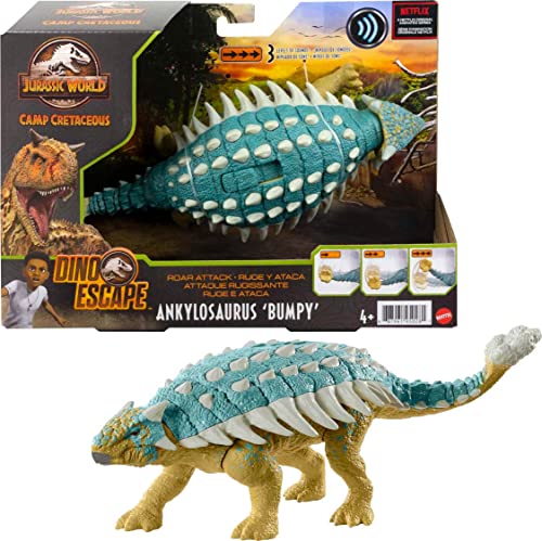 Jurassic World Ataque Rugido Ankylosaurus Dinosaurio articulado con sonidos, figura de juguete para niños Mattel GWY27