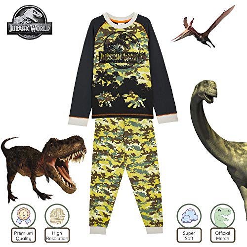 Jurassic World Pijama Niño, Pijama Dinosaurio Estampado Camuflaje, Pijamas de Dos Piezas Camiseta Manga Larga y Pantalones, Regalos Originales para Niños 3-12 Años (9-10 años)
