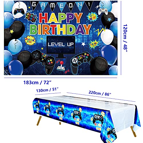 KEFAN Fondo de Fiesta de cumpleaños de Videojuegos y Paquete de Cubierta de Mesa, Juego de Feliz cumpleaños en el Fondo, Cubierta de Mesa de plástico con Tema de Juegos (Azul)