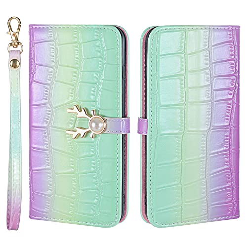 KERUN para Funda de Samsung Galaxy S22 Plus Gradient Deer, [TPU + PU] Cover Protectora Plegable con Función de Soporte, [Protección RFID] Case para Prueba de Golpes. Verde