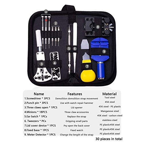 Kit de reparación de reloj profesional de 30 piezas - Juego de herramientas de enlace de correa de reloj con abridor de caja profesional con bolsa de transporte - Juego de herramientas de relojero