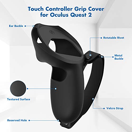 KIWI design [Versión Pro] Controlador Grips Cover Accesorios para Oculus Quest 2 con Correa de Mano Ajustable (Negro, 1 par)
