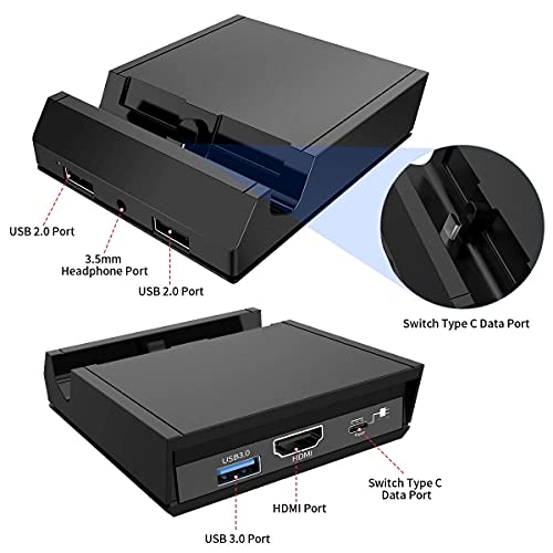 KKUYI Estación de carga para Nintendo Switch con conector 4K HDMI, USB 3.0/2.0, entrada de corriente tipo C y AUX 3,5 mm