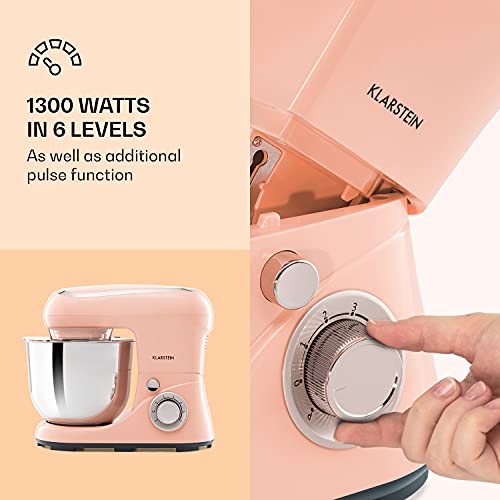 Klarstein Bella Pico 2G - Batidora amasadora, Amasadora de 1300 W, Amasadora reposteria con 6 niveles efecto pulso, Sistema de rotación planetaria, Cuenco de 5 L de capacidad, 3 piezas, Rosa