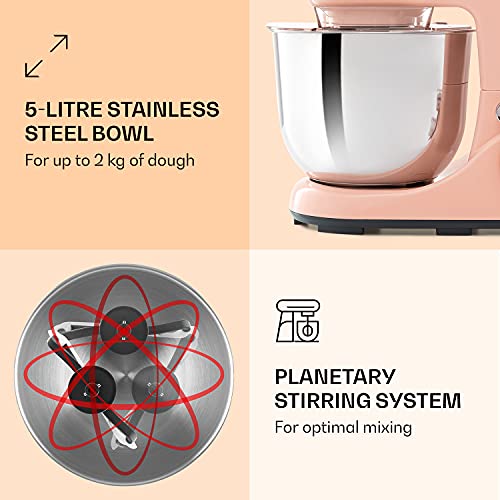 Klarstein Bella Pico 2G - Batidora amasadora, Amasadora de 1300 W, Amasadora reposteria con 6 niveles efecto pulso, Sistema de rotación planetaria, Cuenco de 5 L de capacidad, 3 piezas, Rosa