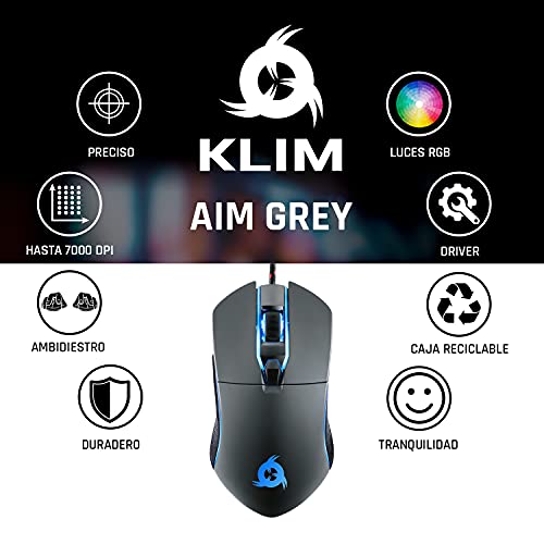 KLIM Aim - Ratón Gaming con Cable + Diseñado para Todos los Tamaños de Manos + Ratón Gamer RGB Personalizable, Programable, 500 a 7000 dpi + Agarre Ambidiestro + Compatible con PC y PS4 (Gris)