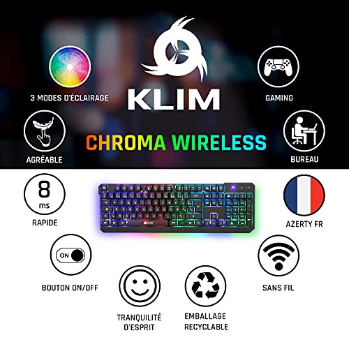 KLIM Chroma Teclado Gaming AZERTY Wireless – Alto Desempeño – Retroiluminación a Color Estilo Gaming – Teclado para Juegos PC PS4 Windows, Mac [ Nueva Versión ] 