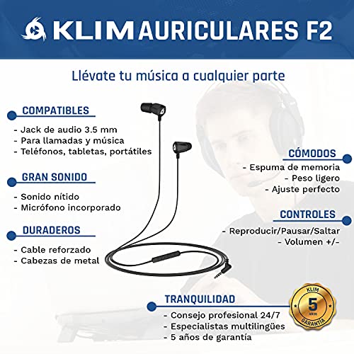 KLIM F2 - Auriculares con Cable y micrófono + Calidad de Audio excelente + Diseño Duradero con 5 años de garantía + Cómodas Almohadillas de Espuma + Cascos con Clavija de 3,5 mm + Novedad 2022