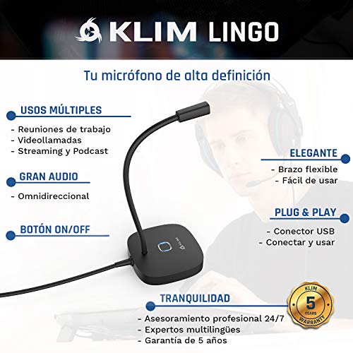 KLIM Lingo - Micrófono USB para PC y Mac + Amplia compatibilidad y fácil de Usar + con botón de Silencio + Micrófono de grabación Profesional de Alta definición - Nueva VERSIÓN 2022