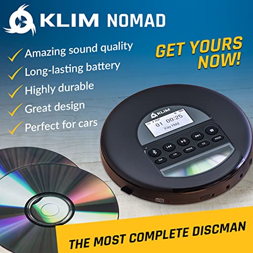 KLIM Nomad – Reproductor CD portatil con batería interna de larga duración + Auriculares KLIM Fusion + CD Player mini compacto + Radio FM compatible con CD-R, CD-RW y MP3 [NUEVO 2022]