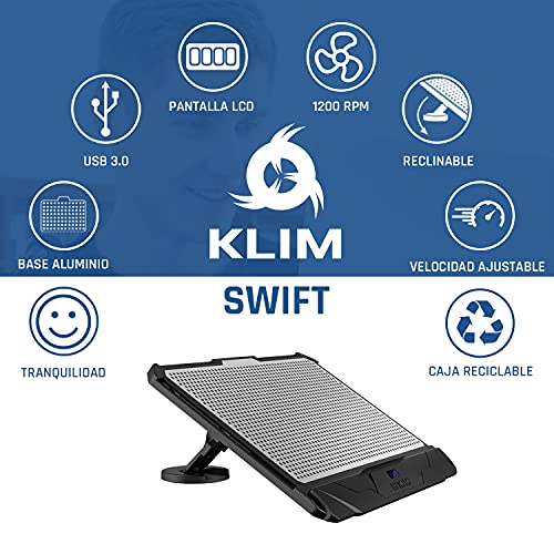 KLIM Swift Base de Refrigeración para Portátil Alto Rendimiento en Aluminio para PC y Mac con Soporte de Base de Refrigeración - Nueva Versión 2021 - Negro